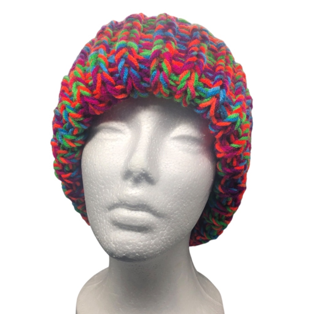 Chunky Ribbed Knit Toboggan Dark Neon Beanie Folded Brim Hat - Picture 10 of 17